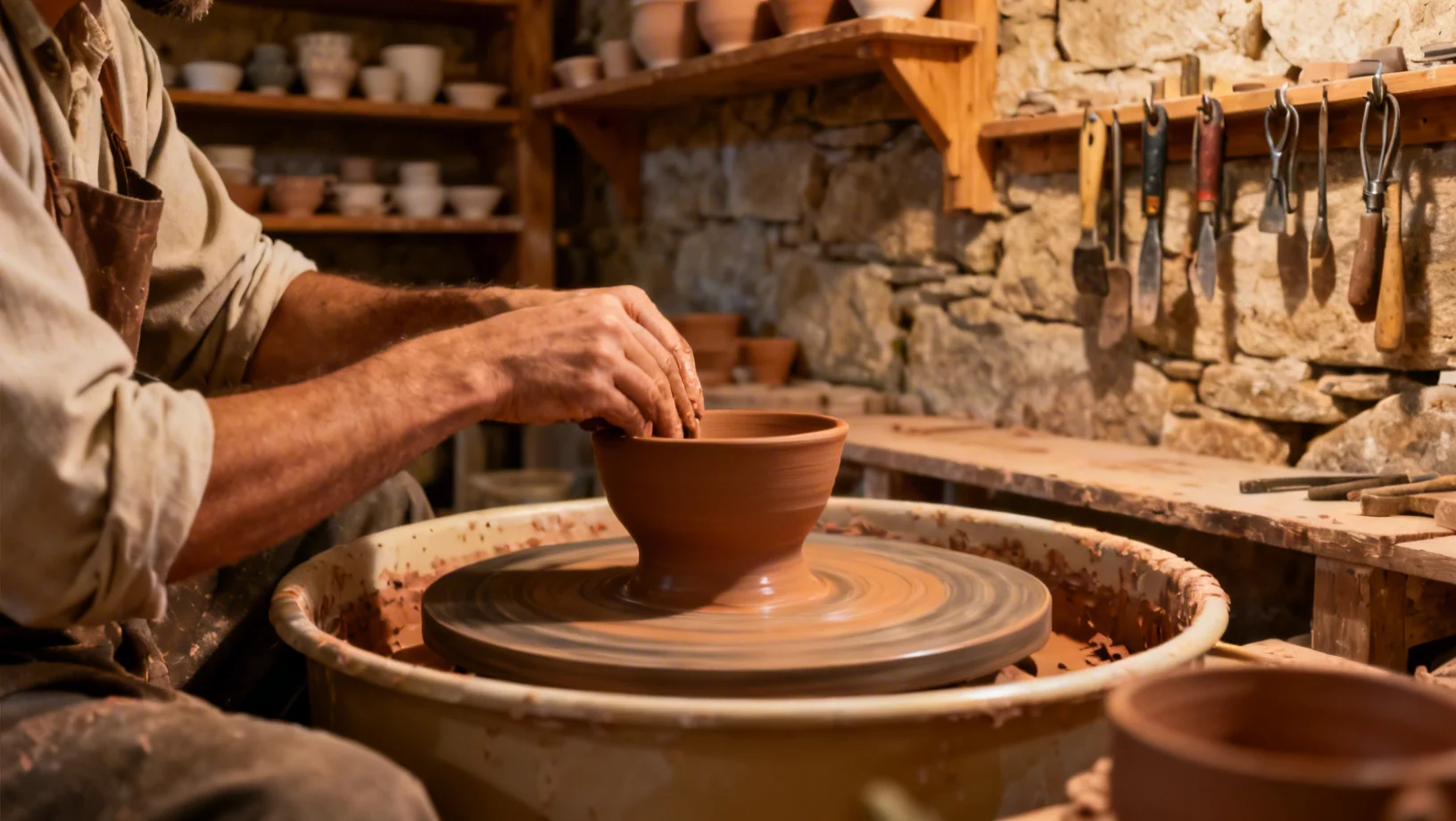 Artisan européen travaillant la céramique dans son atelier
